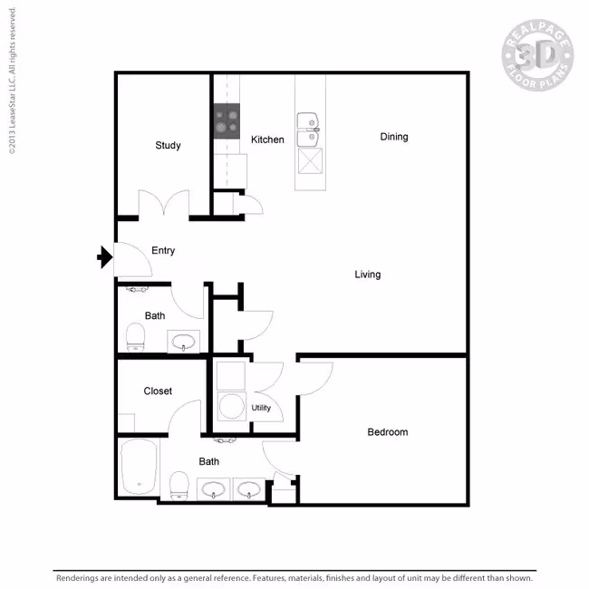 A8 1 bedroom, 2 bath, study 408 floor plan
